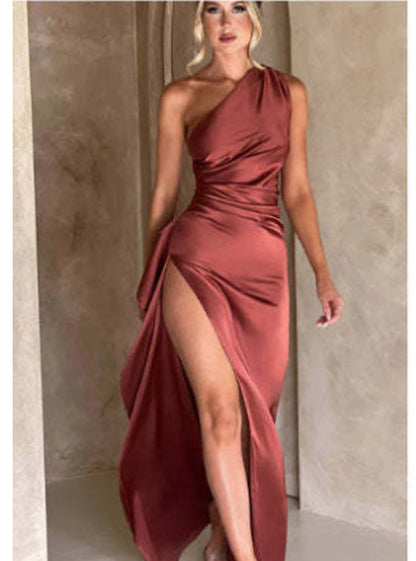 Sexy One-Shoulder Backless Slit Dress Summer Elegant Slim-Fit Solid Color Satin Dresses for Women