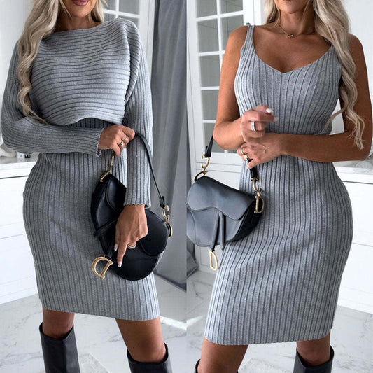 2-Piece Women's Suit Set: Solid Stripe Long-Sleeved Top and Slim Suspender Skirt – Fashionable Autumn/Winter Slim Clothing